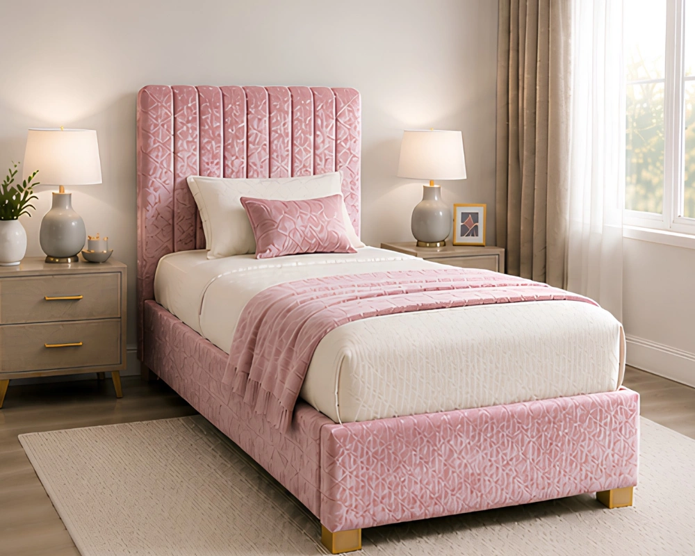 Soft Pink Upholstered Divan – 3ft - 90 × 190 cm with Mattress & Storage - Image 3