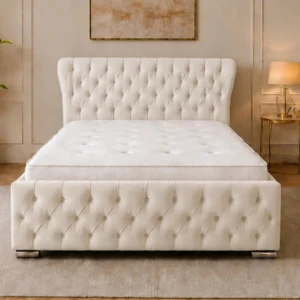 Pearl Off White Oxford Bed – Stylish 160 × 200 cm Upholstered Frame with Mattress