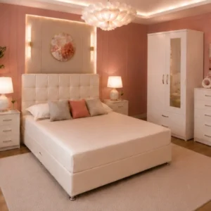 Contemporary King Bed Set - 2 Door Mirror Wardrobe With Bottom Drawer - Five Drawer Chest - Two Nightstands