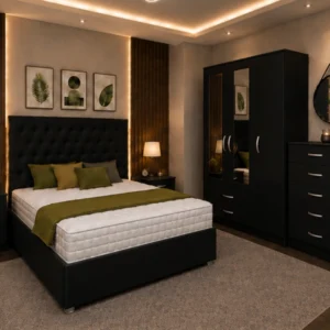 Modern Bed Set With Four Door Wardrobe With Four Drawer - Chest of Five Drawers With Two Bed Side Table