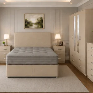 Complete Bedroom Storage Set - Double Bed - Four Door Wardrobe With Dual Mirrors And Four Drawers - Chest of Five Drawers