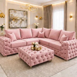 Luxury 5 Seater Pink Corner Sofa – Stylish Chesterfield Living Room Suite