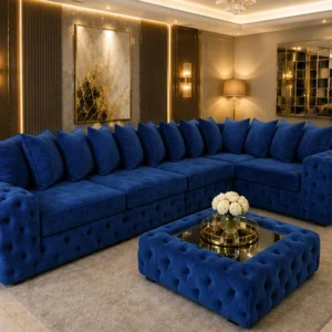 Premium Dark Blue Corner Sofa – Deep Buttoned Finish with Plush Cushioned Comfort
