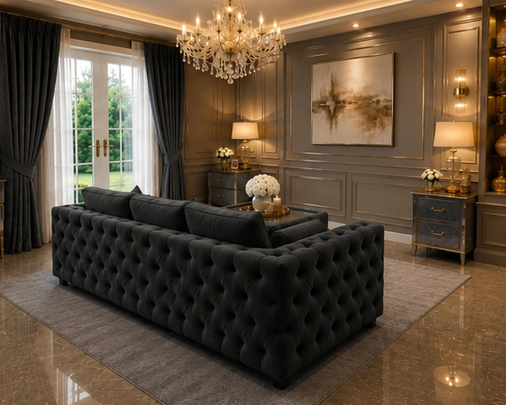 Charcoal 3 Seater Sofa – Luxury Tufted Living Room Furniture - Image 4