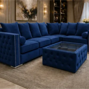 Luxury 5 Seater Dark Blue Sofa – Modern Plush Fabric Corner Style Living Room Sofa