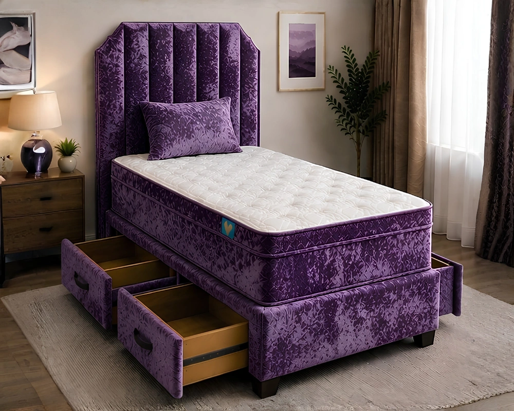 Majestic Purple Single Bed – Luxury Upholstered Frame with Mattress Included - Image 2