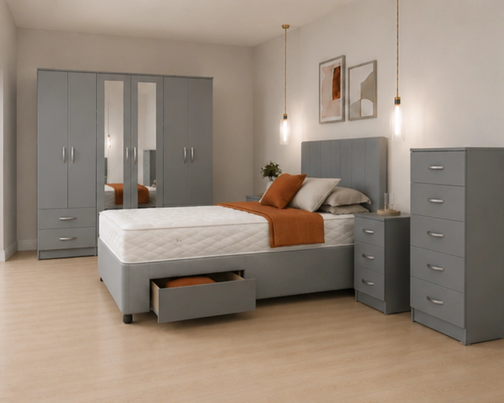 Modern King Grey Bedroom Set - Six Door Wardrobe With Full Length Mirrors - Five Drawer Chest - Two Bedside Tables - Image 2