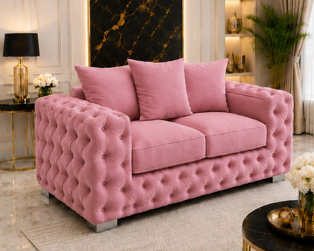 Blush Pink Quilted 2 Seater Sofa - Luxury Button Tufted Fabric Sofa - Image 2