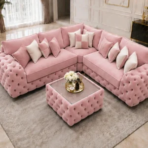 Luxury Pink Corner Sofa L Shape – Plush Designer Sofa with Stylish Tufted Arms