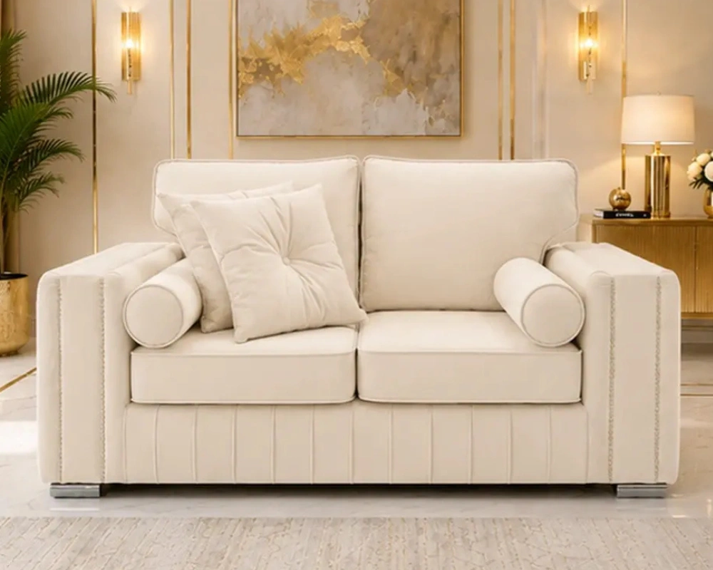 Modern 2 Seater Cream Sofa – Premium Designer Sofa with Plush Cushions & Gold Details