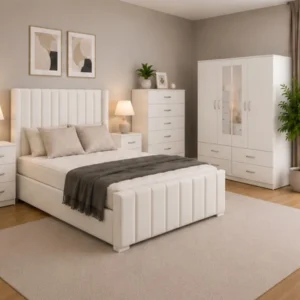 Wooden Double Bed Furniture Set With Four Door Wardrobe With Four Drawer - Chest of Five Drawers With Two Bed Side Table