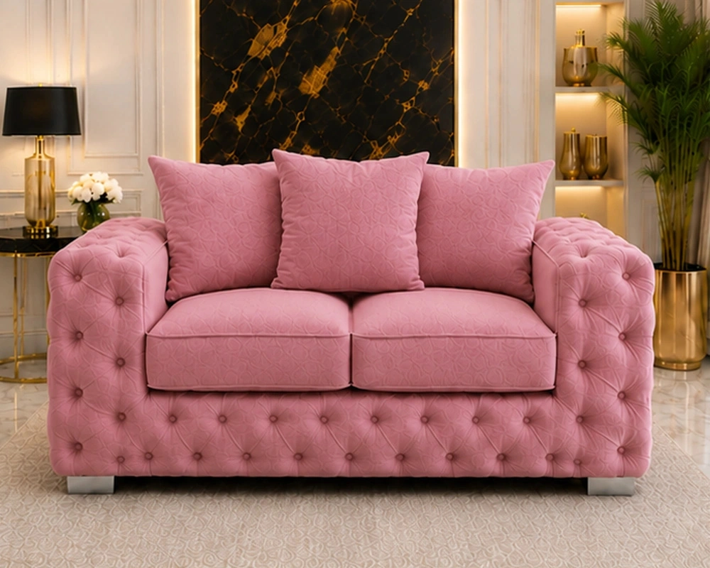 Blush Pink Quilted 2 Seater Sofa - Luxury Button Tufted Fabric Sofa