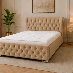 Caramel Beige Oxford King Bed – Sophisticated 5ft Frame with Plush Upholstery & Mattress