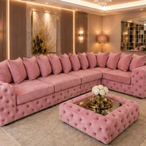 Glamorous Pink L Shape Sofa – Plush Tufted Upholstery & Spacious Corner Seating