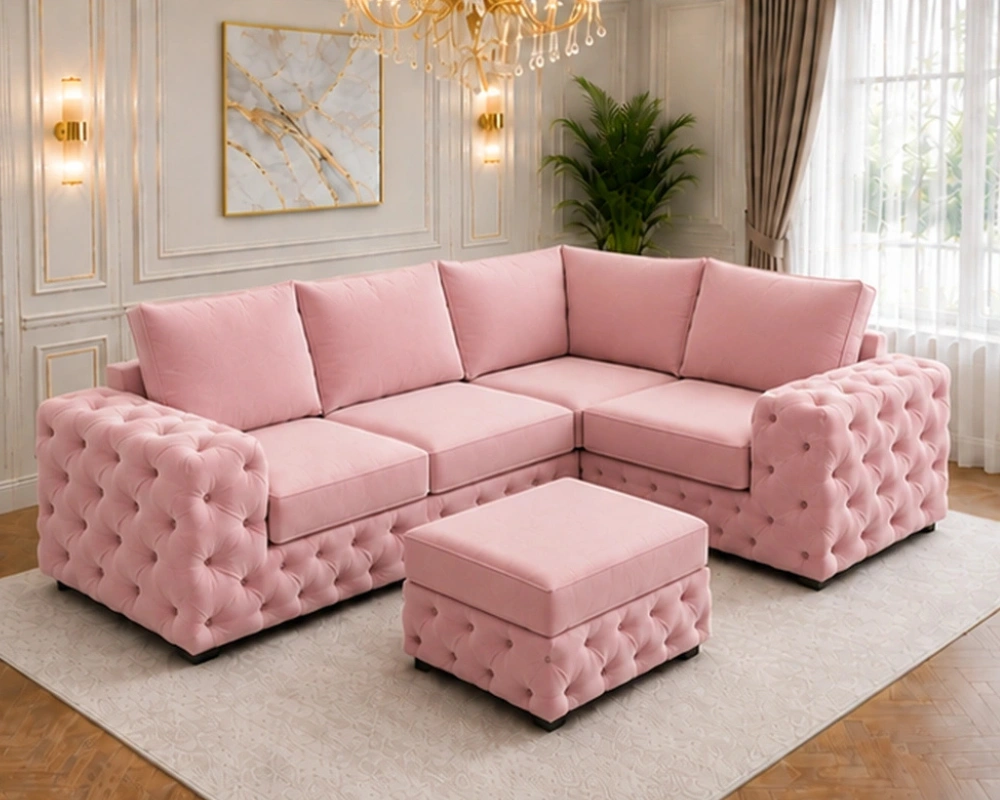 Rose Pink 4 Seater Sofa – Plush Buttoned Seating with Elegant Padded Arms - Image 2