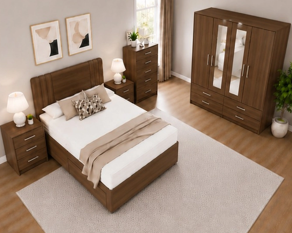 Complete Home Bedroom Suite - 4 Door Wardrobe With Dual Mirrors And Four Bottom Drawers - Chest of Five Drawers - Image 2