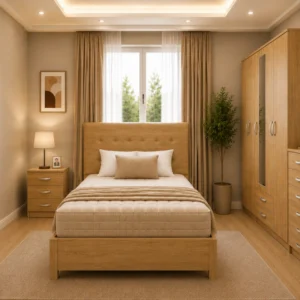 Complete Bedroom Package - Double Bed - 5 Door Half Mirror Wardrobe With Two Bottom Drawers - Chest of Five Drawers