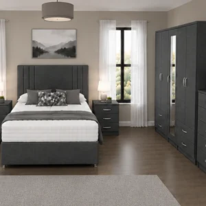 Designer Double Bed Suite – 5 Door Full Length Mirror Wardrobe with Four Bottom Drawers, Chest of Five Drawers & Two Bed Side Tables