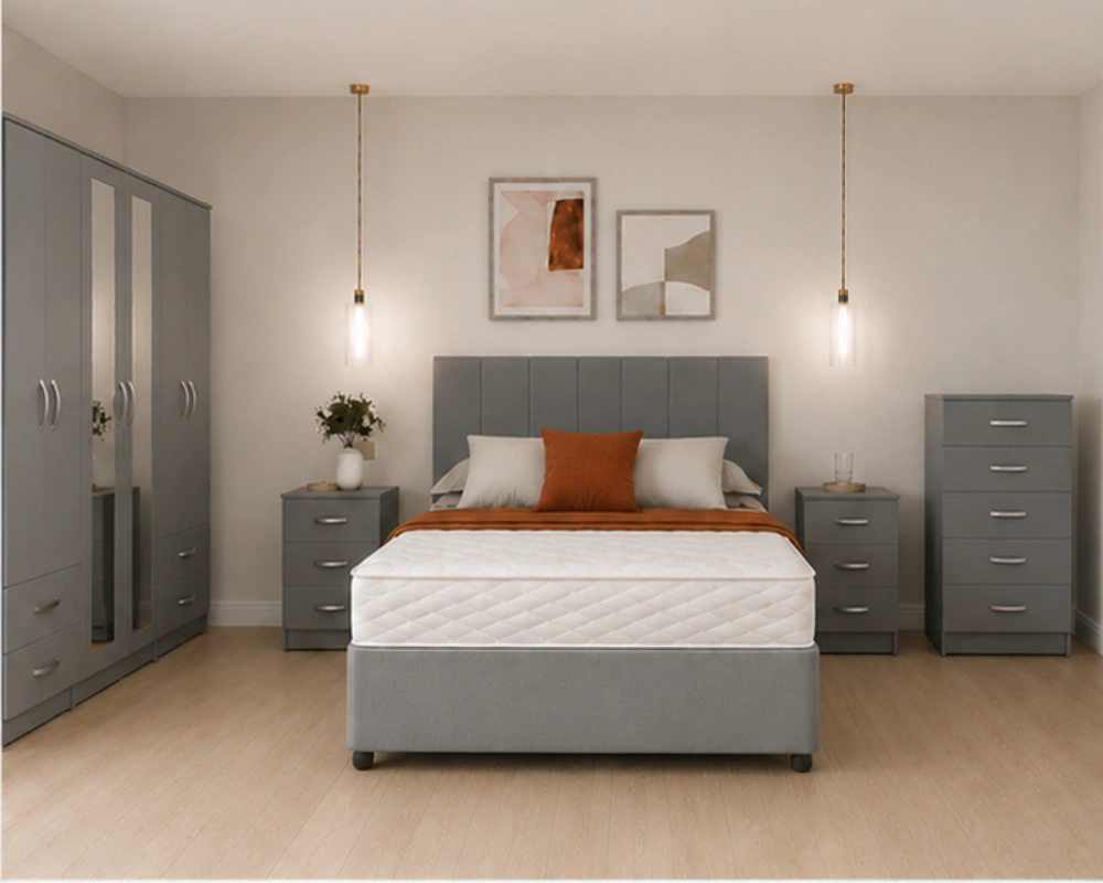 Modern King Grey Bedroom Set - Six Door Wardrobe With Full Length Mirrors - Five Drawer Chest - Two Bedside Tables - Image 4