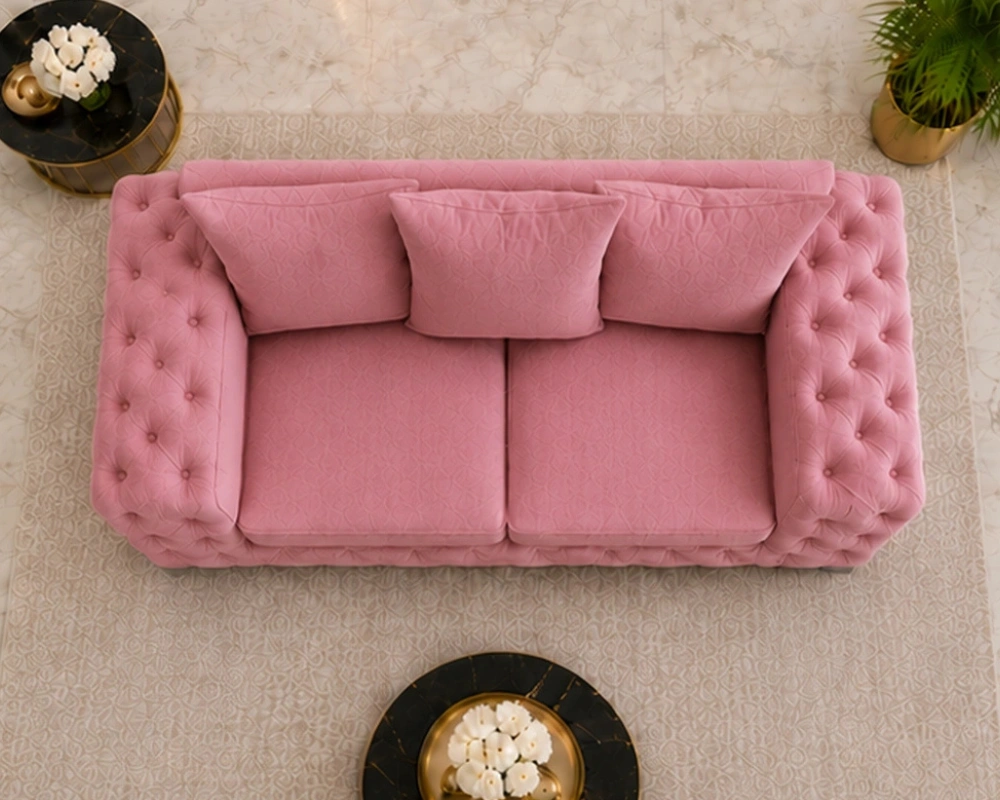 Blush Pink Quilted 2 Seater Sofa - Luxury Button Tufted Fabric Sofa - Image 3