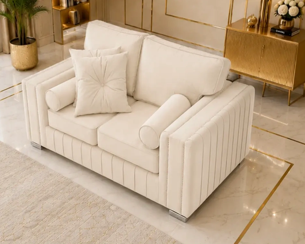 Modern 2 Seater Cream Sofa – Premium Designer Sofa with Plush Cushions & Gold Details - Image 4