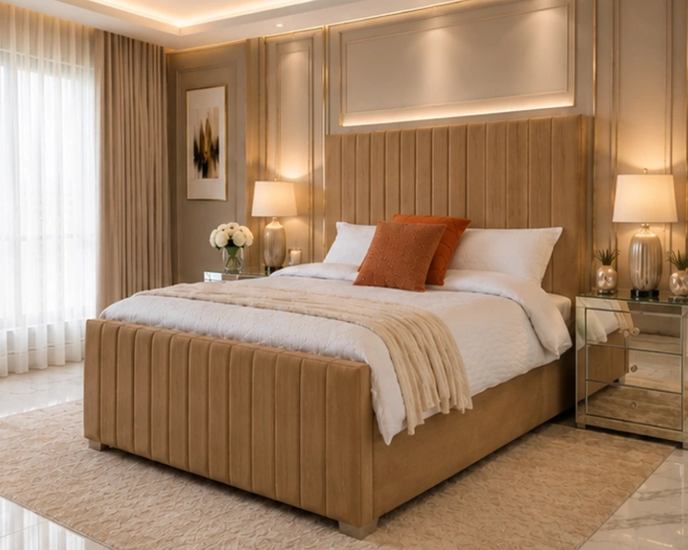 Walnut Brown King Size Bed – Stylish Panel Line King Size Bed with Mattress - Image 4