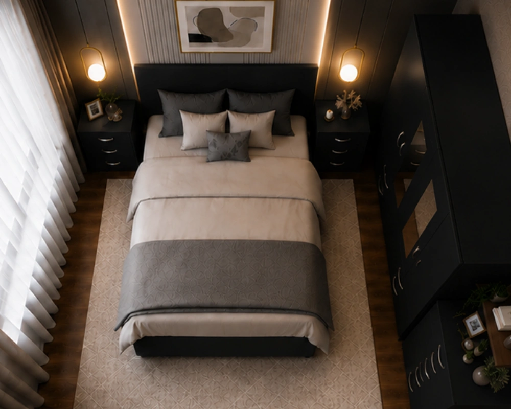 Modern Black Complete Double Bed Furniture Set – Four Door Wardrobe with Four Bottom Drawers – Chest of Five Drawers & Two Bedside Tables - Image 3