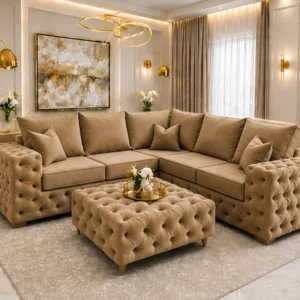 Luxury 5 Seater Oak Corner Sofa – Elegant Chesterfield Style Lounge Suite