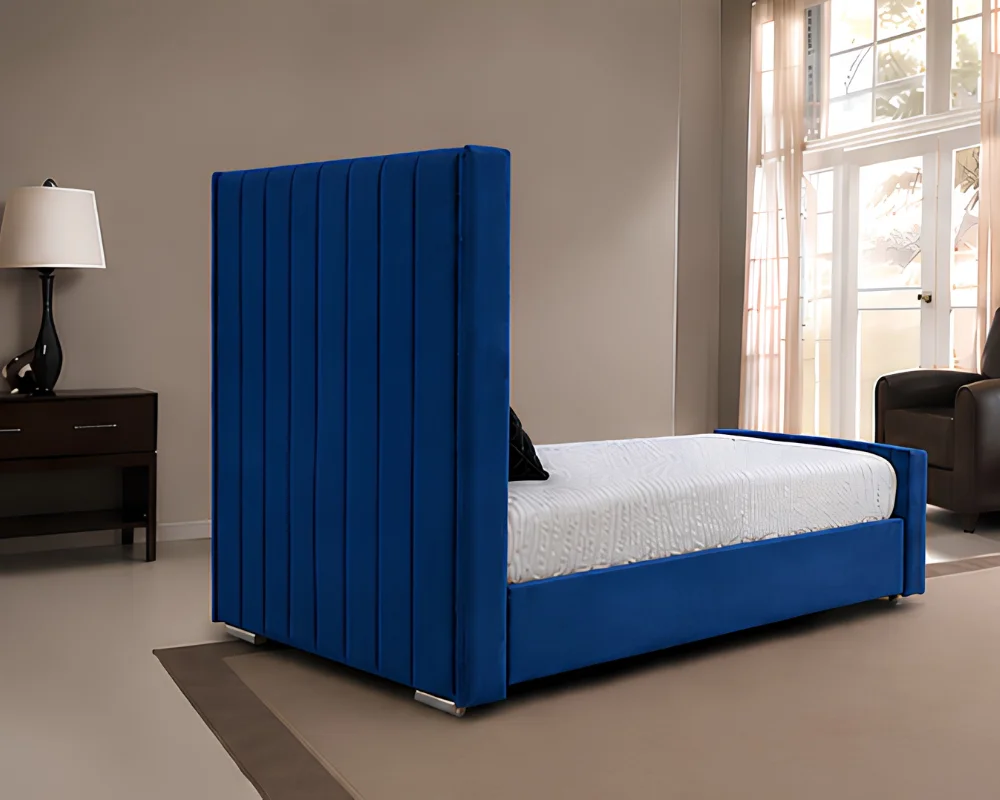Modern Blue Single Size Panel Bed – Panel Wingback Single Bed with Mattress – 90 x 190 cm - Image 3