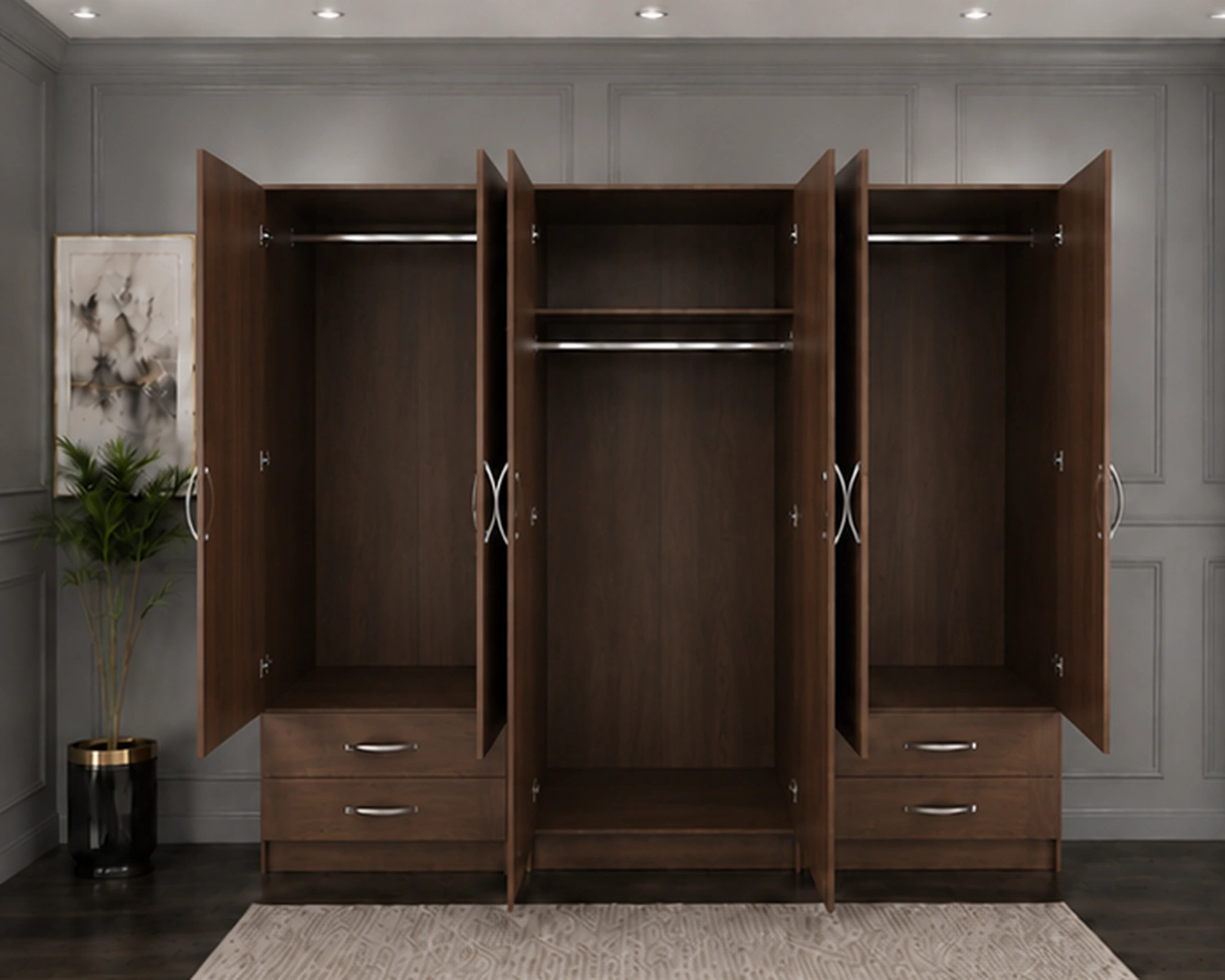 Elegant Bedroom Wardrobe with Large 6 Door Storage Design | Modern Mirrored Wardrobe with Practical Drawers and Hanging Rails - Image 3