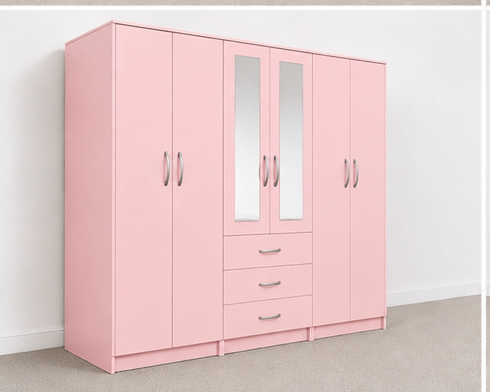 6 Door Pink Wardrobe with 3 Drawers & Mirror - Modern Bedroom Storage Cabinet