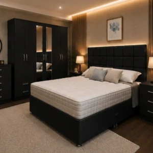 Elegant King Size Bedroom Set – Double Storage Bed – Six Door Mirror Wardrobe – 5 Drawer Chest – Two Bedside Tables