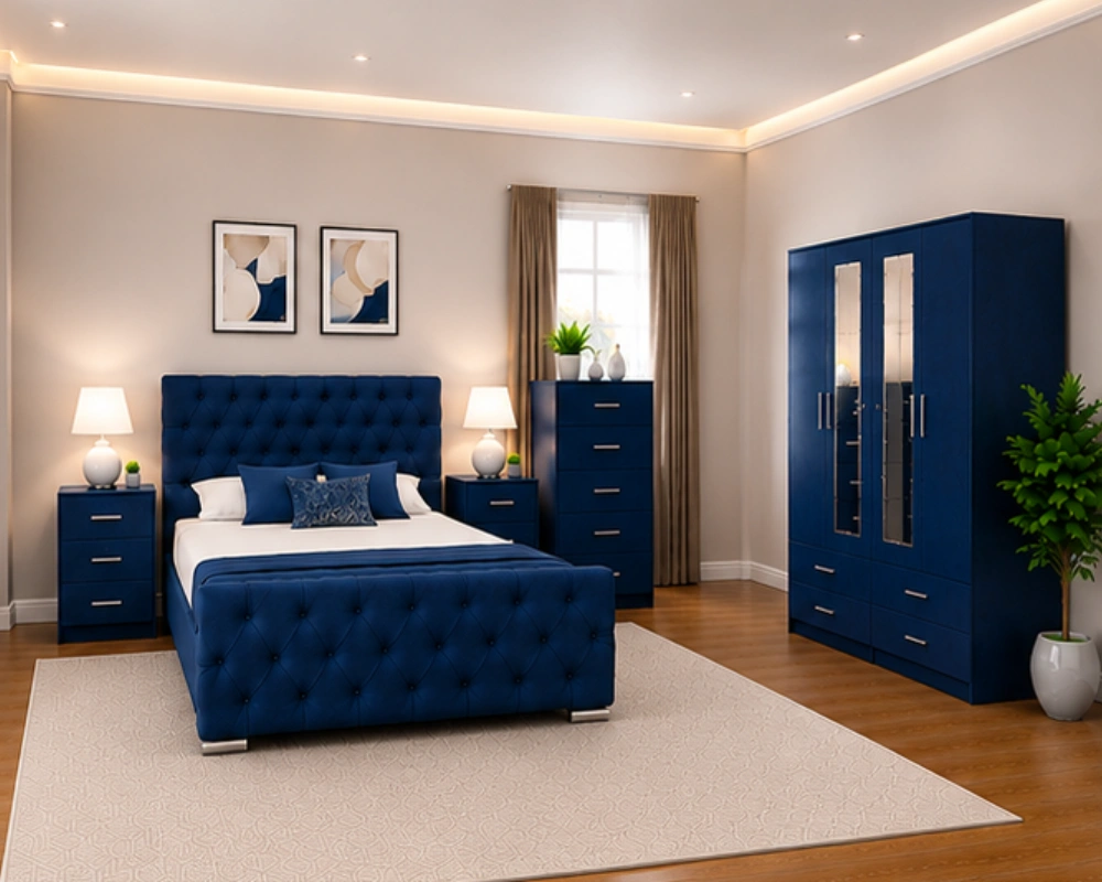 Luxury King Size Bedroom Interior Furniture Package With Four Door Wardrobe With Two Mirror - Chest of Five Drawers With Two Bed Side Table