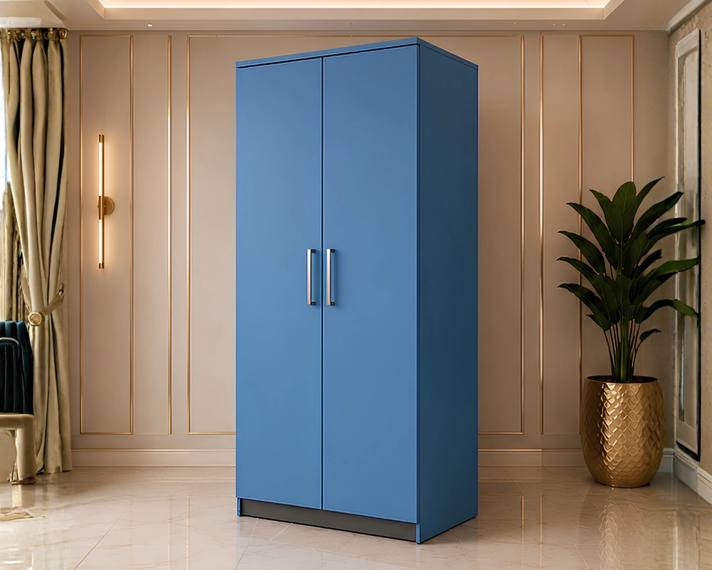 Blue 2 Door Wooden Wardrobe - Modern Bedroom Storage Cabinet - Image 2