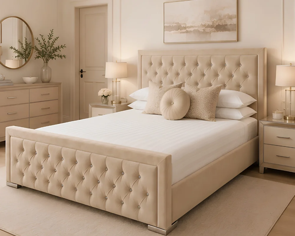 Elegant Beige Hilton King Size Bed with mattress – Premium Upholstered 5ft Bed Frame with Mattress - Image 3
