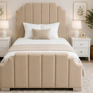 Arizona Beige Upholstered Bed Frame with Vertical Panel Headboard-Arizona 90*190cm-Single Bed with Mattress