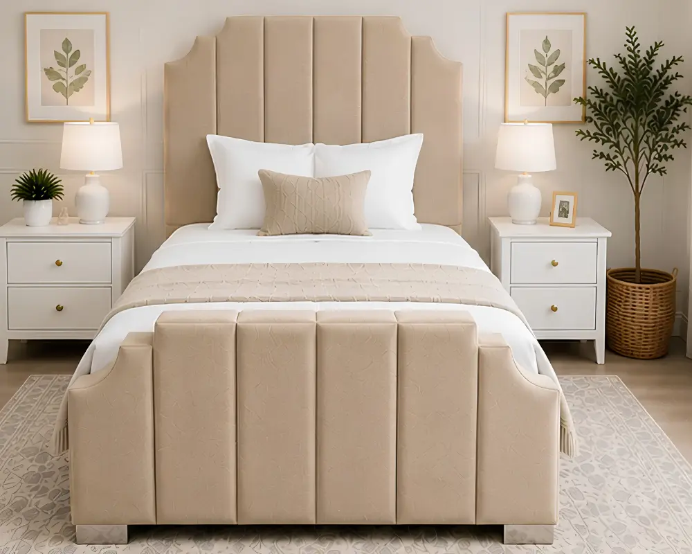Arizona Beige Upholstered Bed Frame with Vertical Panel Headboard-Arizona 90*190cm-Single Bed with Mattress