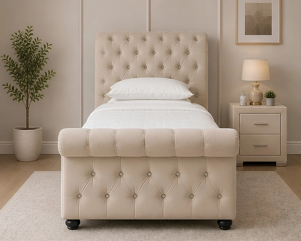 Luxury Beige Upholstered Single Sleigh Bed with mattress – Modern Bedroom Furniture-Luxury Bed 90 × 190 cm