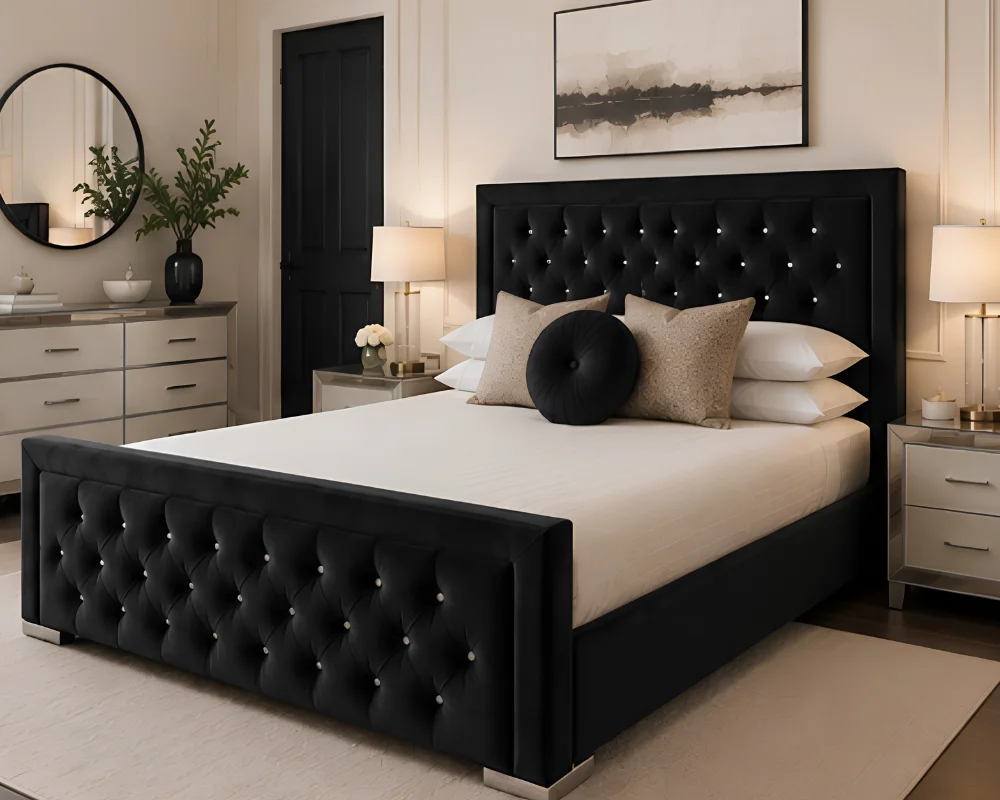 Modern Black Hilton Upholstered Bed with mattress – Elegant 180×200 cm King Size Bed with Mattress - Image 3