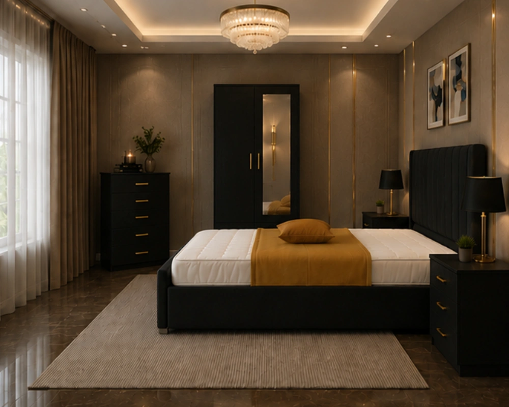 Premium Home Bedroom Set - King Size Bed - Two Door Wardrobe With Mirror - Five Drawer Chest - Two Bedside Tables - Image 3