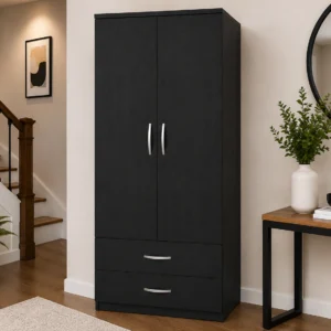 Black Wooden Wardrobe Closet with Hanging Rail & 2 Storage Drawers - Two Door Wardrobe - Stylish Two Door Wardrobe with Two Drawers