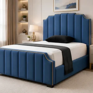Arizona King Size Statement Bed in Blue – Upholstered Velvet Frame with mattress