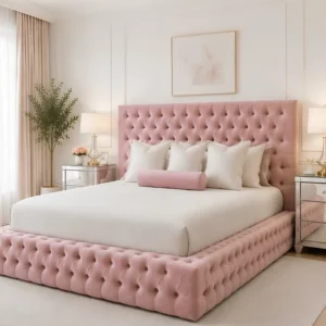 Glamorous Blush Velvet King Bed with mattress – Padded Headboard & Footboard