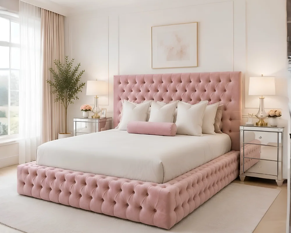 Glamorous Blush Velvet King Bed with mattress – Padded Headboard & Footboard