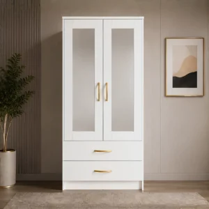 Premium Bedroom Wardrobe with Half-Length Mirrors with white colors - Deluxe 2 Door Wardrobe with 2 Drawers & Mirrors
