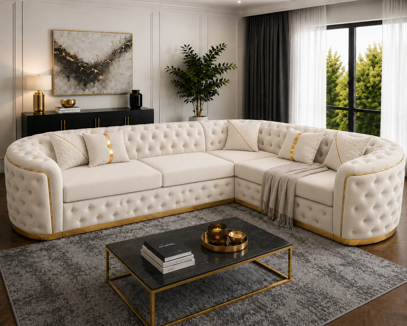 Executive White Velvet L-Shaped Chesterfield Corner Sofa with Gold Trim - Image 2