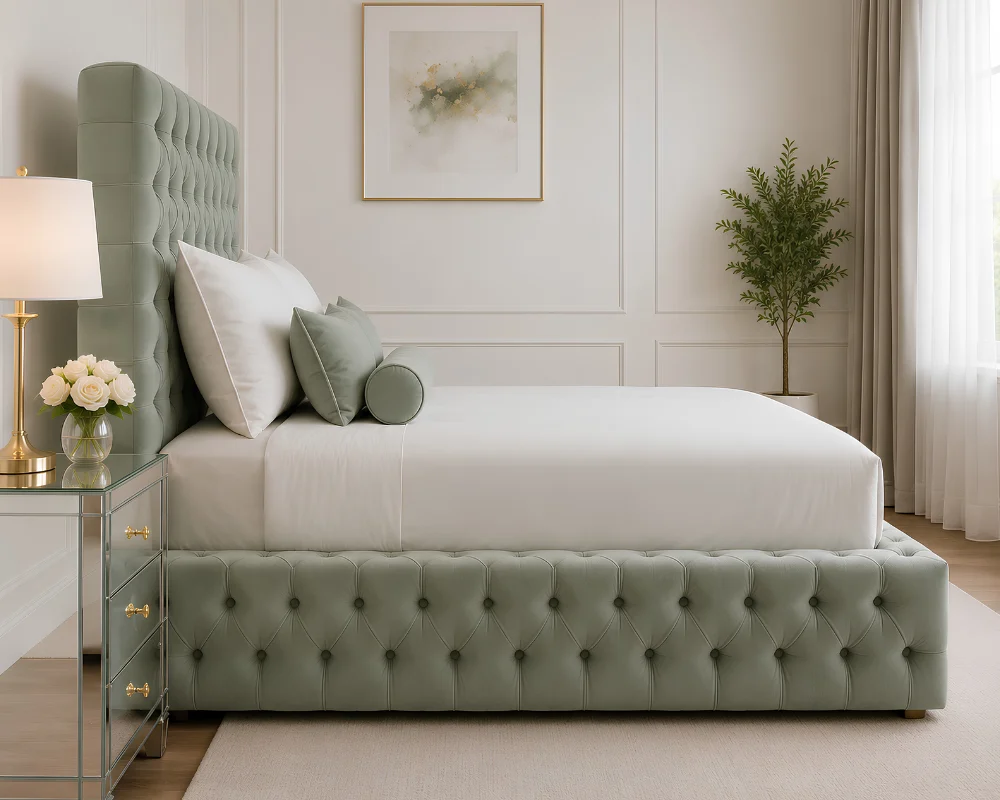 Contemporary Sage Green King Bed with mattress – Premium Ambassador Upholstery - Image 3