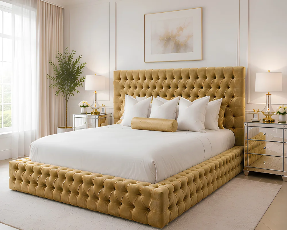 Elegant Mustard Ambassador Bed with mattress – Luxury Tufted King Size