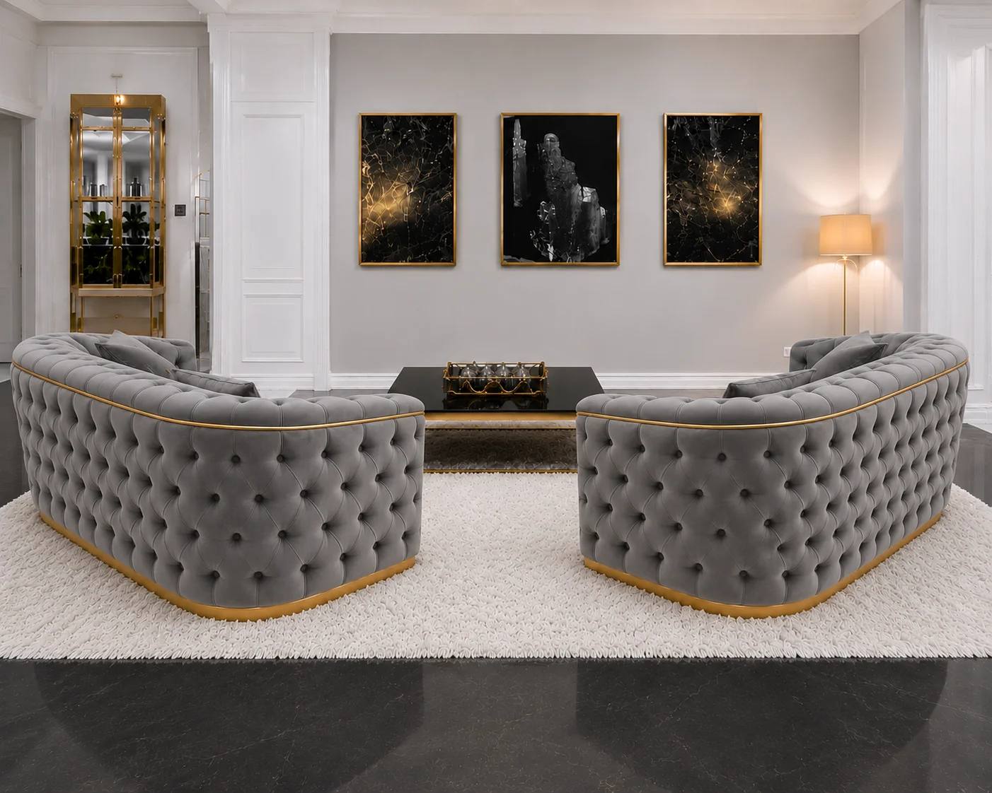 Luxury Grey 3+2 Seater Chesterfield Sofa Set with Gold Trim - Image 5