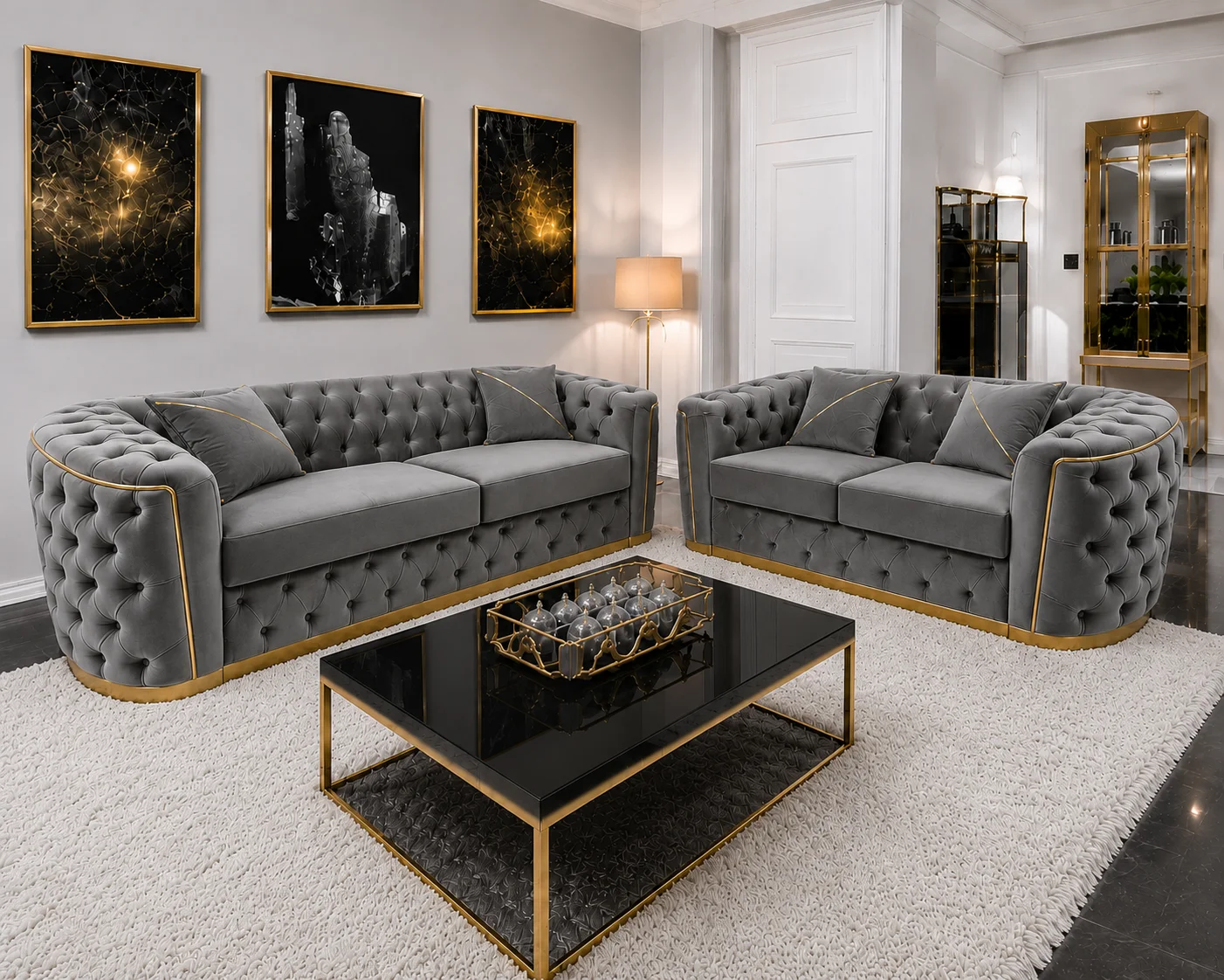 Luxury Grey 3+2 Seater Chesterfield Sofa Set with Gold Trim - Image 2
